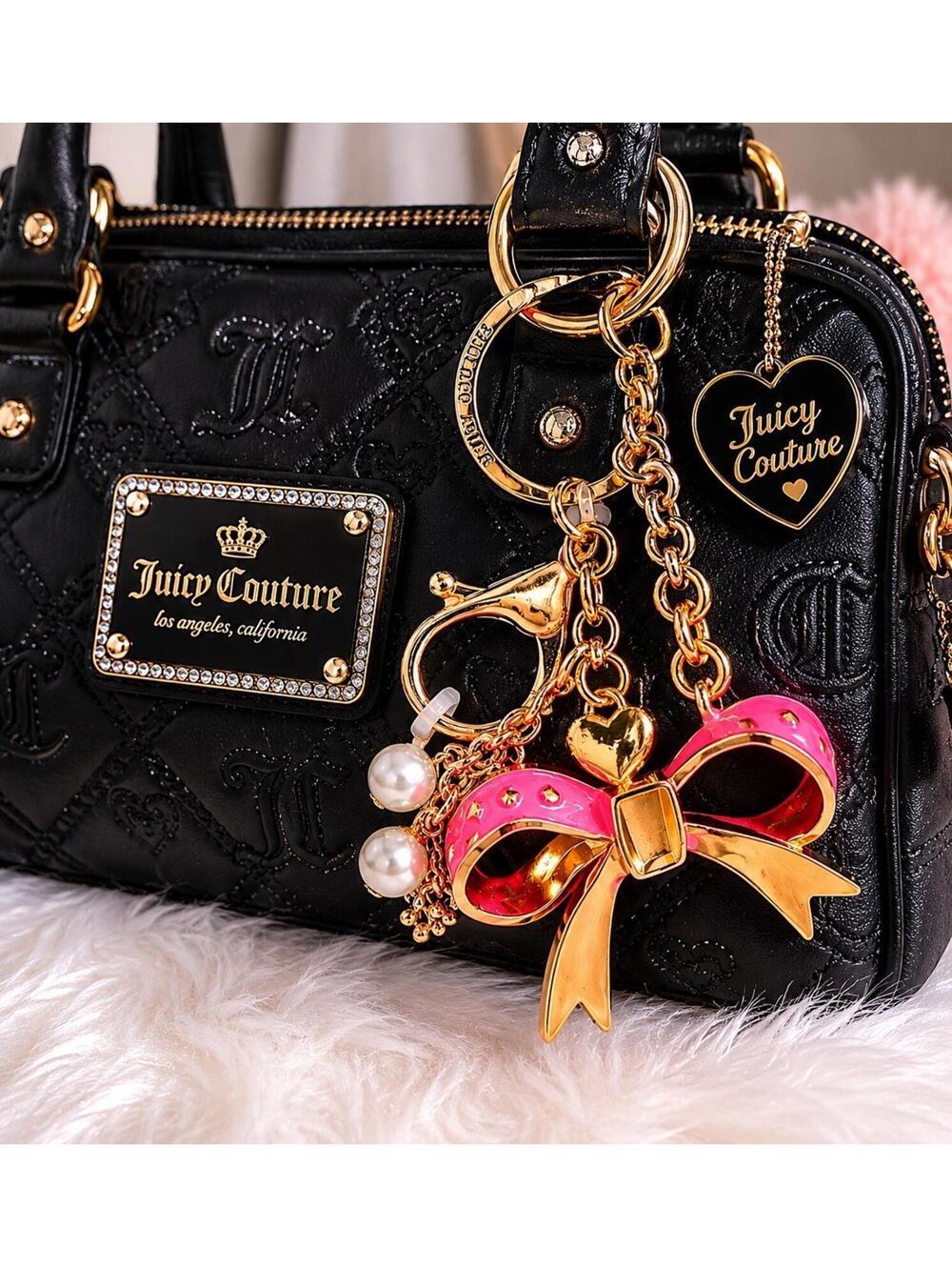 Juicy Couture Pink Bow Pearl Heart Bag Charm Keychain Gold Tone NWT Y2K - Picture 2 of 4